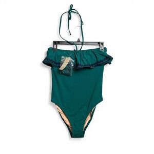 Boho Ruffle One Piece Swimsuit Halter Strapless Green Beach Summer Size 2